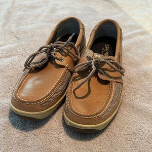 Mens Sperry Boat Shoes Size 10W Color: Tan Leather with Fabric insets